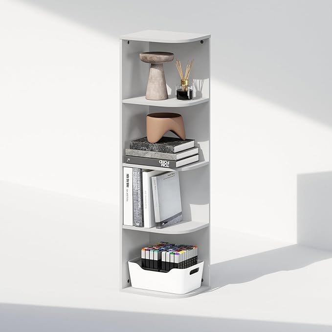 Furinno Reed Corner Shelf, 4-Tier Corner Bookshelf, Book Shelf, Corner Shelves, Storage Rack, for Organization and Storage, H