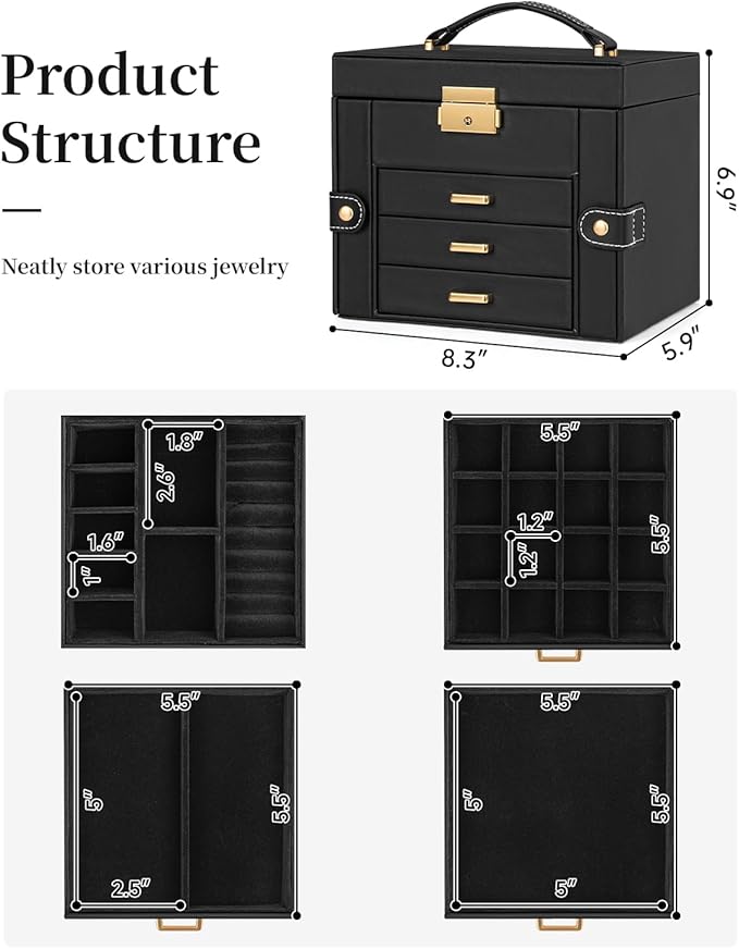 TORIBIO Jewelry Box for Women, Leather Jewelry Organizer with Mirror & Lock, 4-Tier Jewelry Storage Organizer with 3 Drawers 