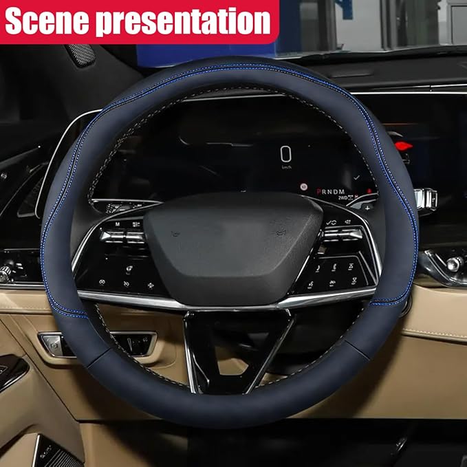 Craedli 14.5-15 Inch Leather Car Steering Wheel Cover, Non-Slip Breathable Auto Steering Wheel Protector Cover, Universal Veh