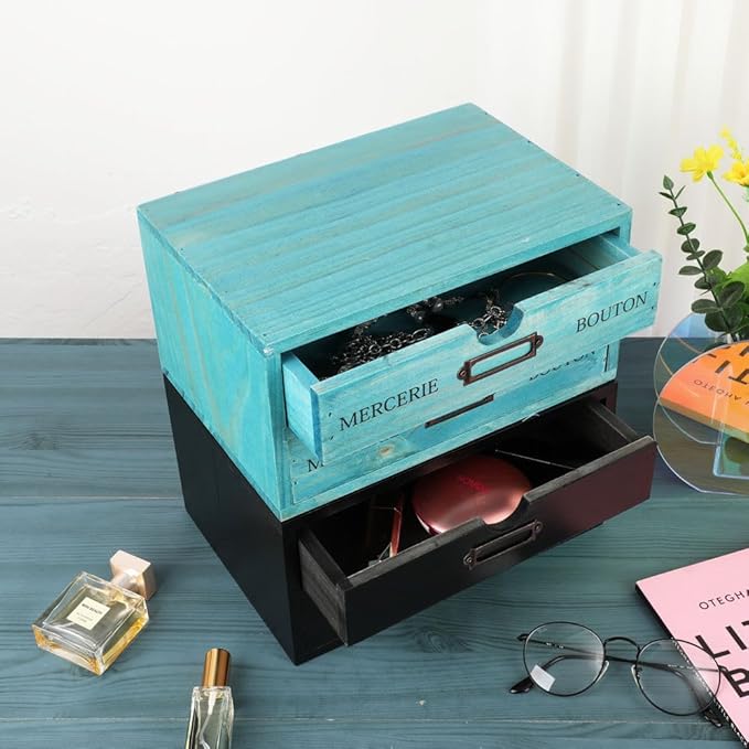 Wooden Storage Box Rustic Desktop Organizer with 2 Drawers Office Desk Accessories Shelf Small Craft Storage Containers Apoth