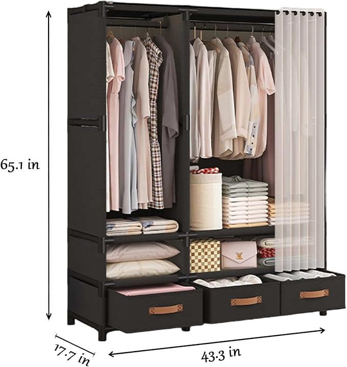 Portable Closet,Portable Closets for Hanging Clothes,Japanese Style Wardrobe Clothing Rack with 3 Drawers,1 Hanging Rods and 