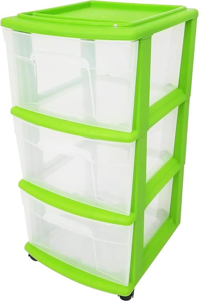 HOMZ 2-Pack Drawer Tower, 3-Tier Clear Plastic Storage Organizer Cart, Bold Lime Frame - Organizing Containers with Wheels fo