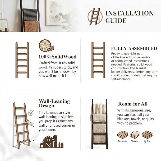 Wooden Blanket Ladder - 57in Natural & Motley Wood - Leaning Wall Decor for Bedroom, Bathroom, Living Room - Rustic Quilt Hol