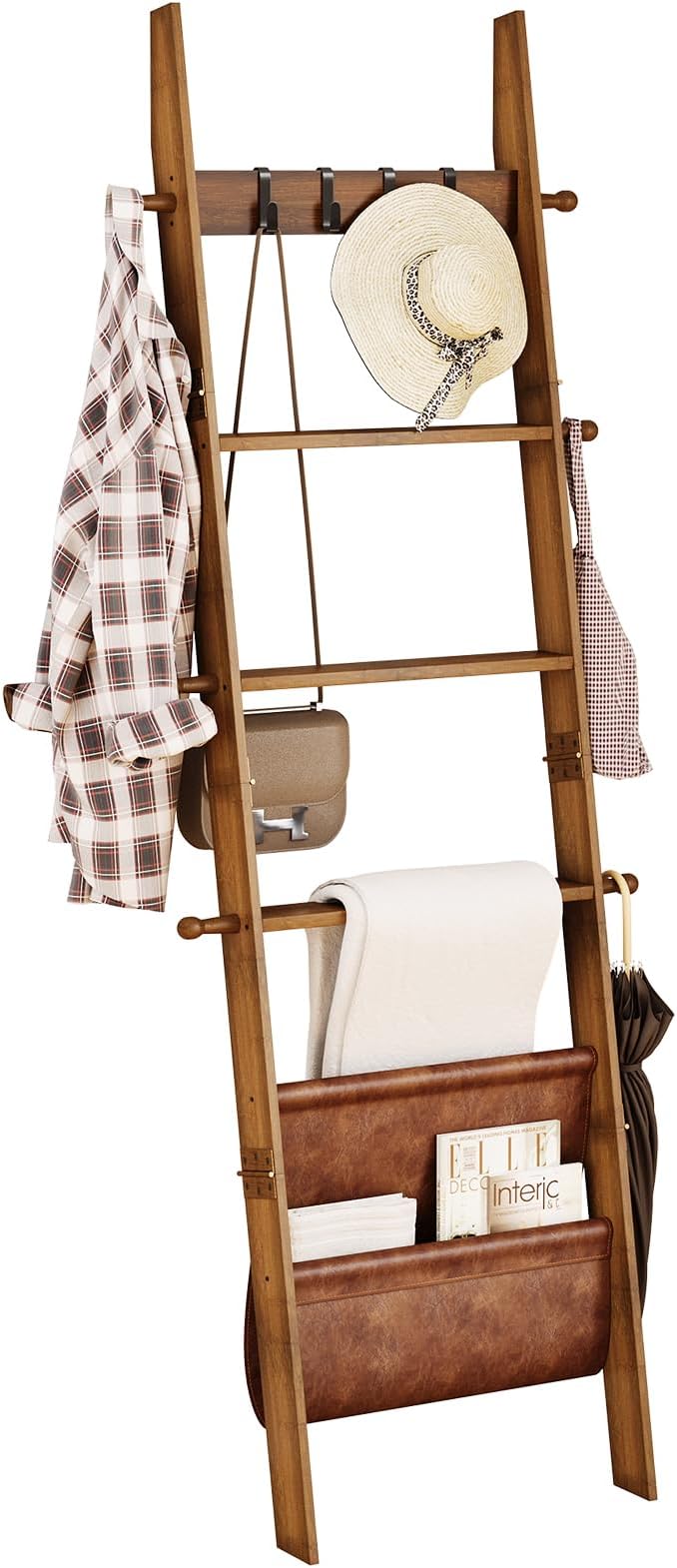 ELYKEN Blanket Ladder, 5-Tier Farmhouse Wooden Rack with Synthetic Leather Pocket, 4 Removable Hooks, Decorative Leaning Ladd