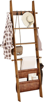 ELYKEN Blanket Ladder, 5-Tier Farmhouse Wooden Rack with Synthetic Leather Pocket, 4 Removable Hooks, Decorative Leaning Ladd