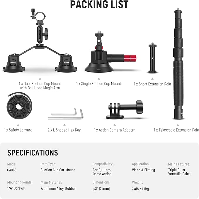 NEEWER Triple Suction Cup Car Mount Compatible with Insta360 X5 X4 GoPro DJI OSMO 360 Cameras, Quick Release Outside Windshield Magic Arm Mount Kit with 2 in 1 Extension Pole/Selfie Stick, CA065