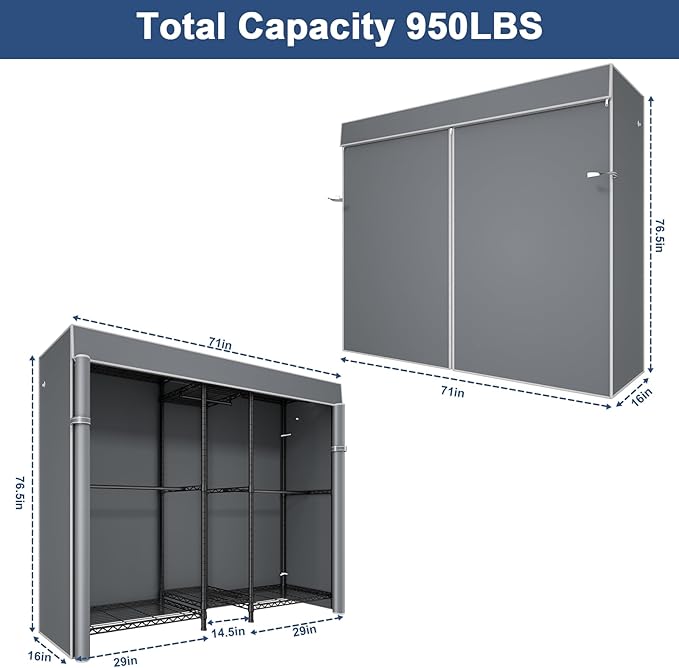 Ulif E12C Pro Heavy Duty Closet Organizer System，Freestanding Clothing Racks for Hanging Clothes，Adjustable Garment Rack 71"W