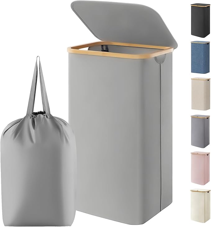 Lifewit 100L Laundry Basket with Lid, Clothes Hampers for Laundry with Bamboo Handles and 1 Removable Bag, Large Foldable Lau