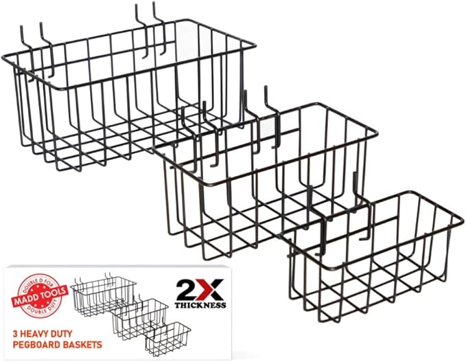 Heavy Duty Peg Board Hook Baskets for ¼ Pegboard Holes, Set of 3 Black Wire Baskets, Extra Thick Metal Fit Snugly in Pegboard