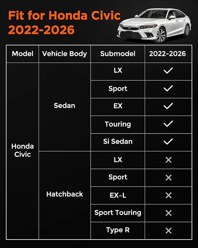 Car Floor Mats for Honda Civic 2022–2025,2026 Sedan (Not for Hatchback&Hybrid), Non-Slip TPE All-Weather Floor Liners and Trunk Cargo Mat Set, Custom Fit for Civic Sport 11th Gen Accessories 2026