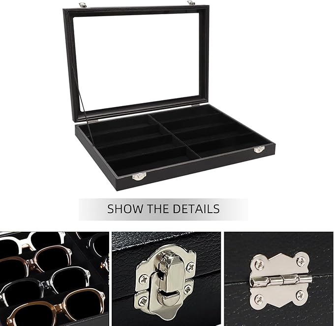 Wudygirl Jewelry and Sunglass Organizer - 8 Slot Storage With Clear Lid, Leather Eyeglasses Display for Women and Men (8 Grid