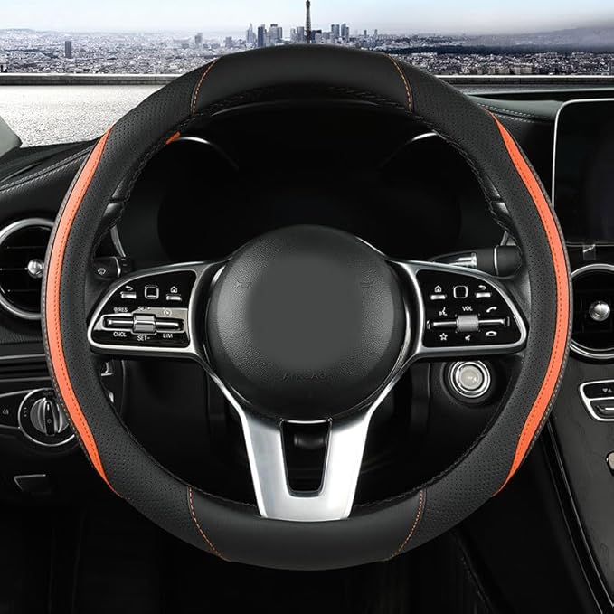 Car Steering Wheel Cover, Leather Steering Wheel Cover Orange Universal 14.5-15 Inch Microfiber Leather Anti-Slip Breathable 