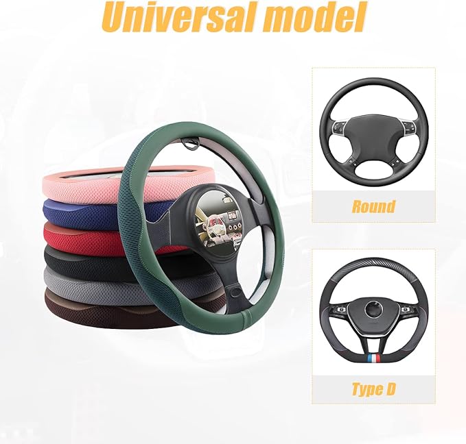 Car Steering Wheel Cover, Microfiber Breathable Ice Silk Leather Steering Wheel Cover Soft Anti-Slip Safety, 15inch Four Seas