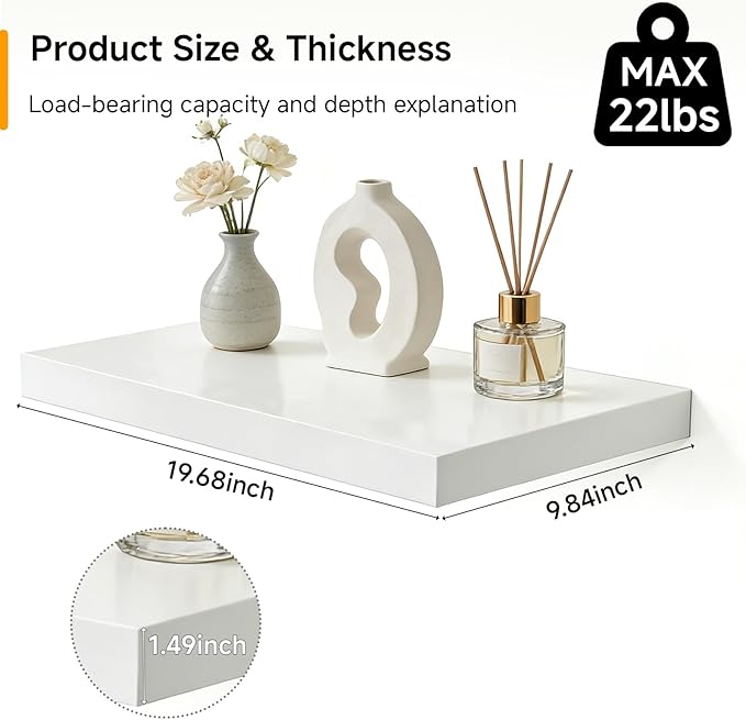 INHABIT UNION 20in Floating Shelves for Wall, Wall Mounted Shelves for Decor Storage Set of 2, Floating Shelf for Bedroom, Ba