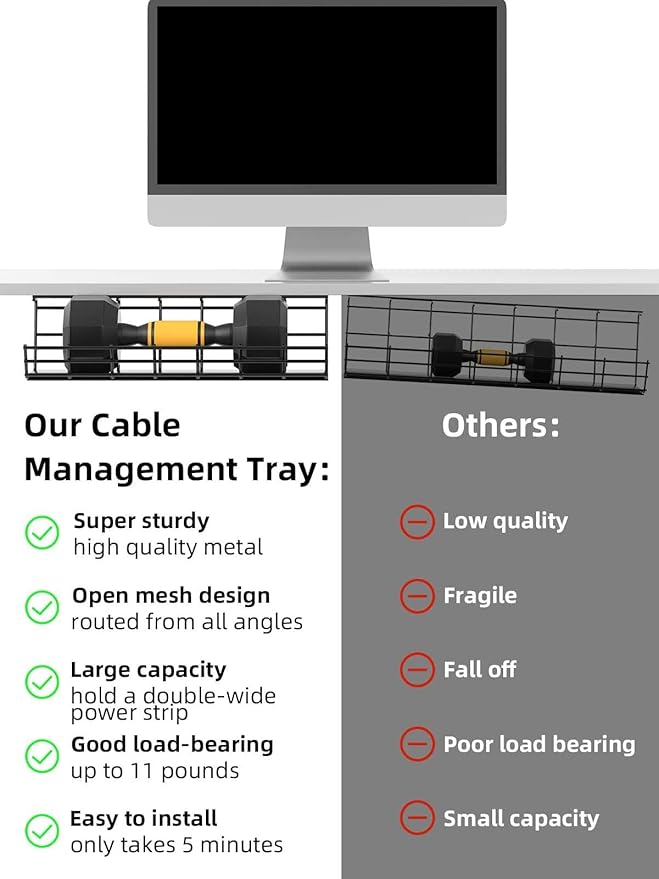 2 Pack DELAMU Under Desk Cable Management Tray, Large Metal Cord Organizer, Office & Home Cord Wire Management Under Desk She
