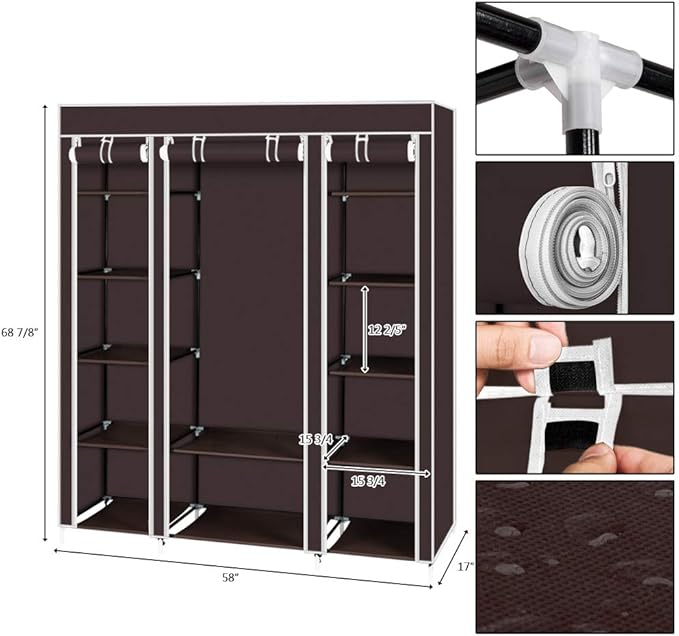 lapday 59 inches Portable Closet Wardrobe, Non-Woven Fabric Closet Storage Organizer with Hanging Rods &12 Storage Shelves, Q