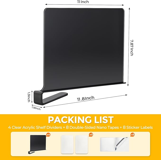 JOY DECOR 8 Pack Acrylic Matte Black Shelf Dividers for Closets Organizer and Storage Adjustable Vertical Wood Shelf Closet S
