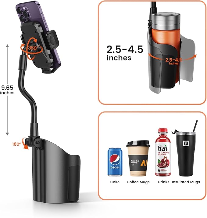 toocki Cup Holder Phone Mount for Car, Universal 360° Adjustable Gooseneck Cell Phone Cup Holder Expander for Car Truck Compatible with iPhone Samsung & All Smartphones