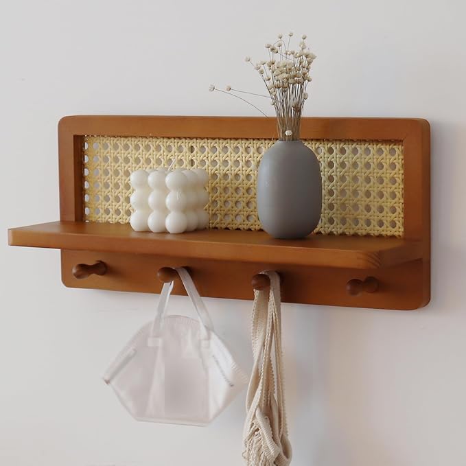 FRIADE PE Rattan Coat Rack Shelf Wall Mounted with 4 Hooks, Decorative Coat Hook Rack with Floating Shelf for Entryway, Nurse