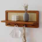 FRIADE PE Rattan Coat Rack Shelf Wall Mounted with 4 Hooks, Decorative Coat Hook Rack with Floating Shelf for Entryway, Nurse