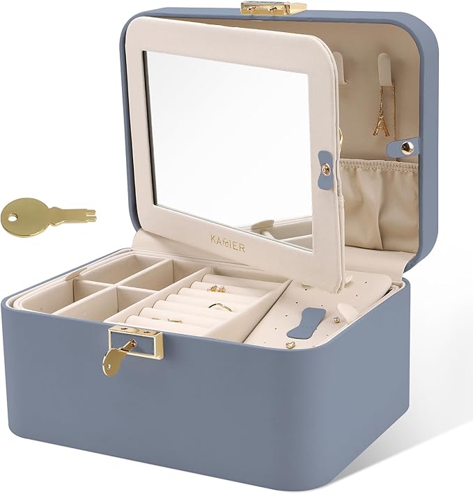 KAMIER Jewelry Organizer Box, 2 Layers PU Leather, Large Capacity, Double Lock and Large Mirror, Hidden Necklace Hooks, Remov