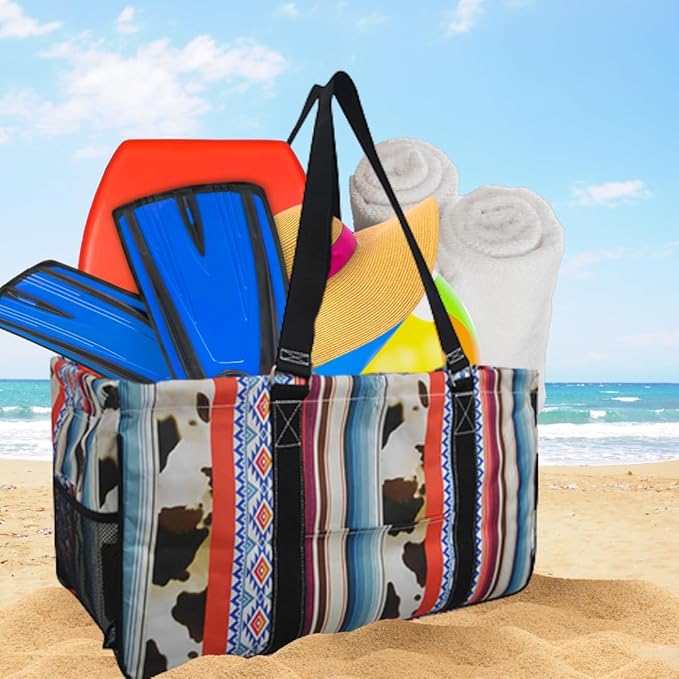 NGIL Extra Large Utility Tote Reusable Grocery Bag Oversized Collapsible for Groceries, Storage, Picnic, Beach (Retro Cow-black)
