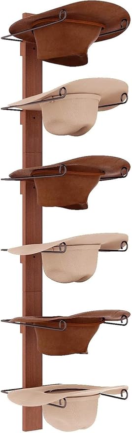 Cowboy Hat Rack - 6-Piece Western Hat Holder, Rustic Black Metal & Natural Wooden Board Wall Mount