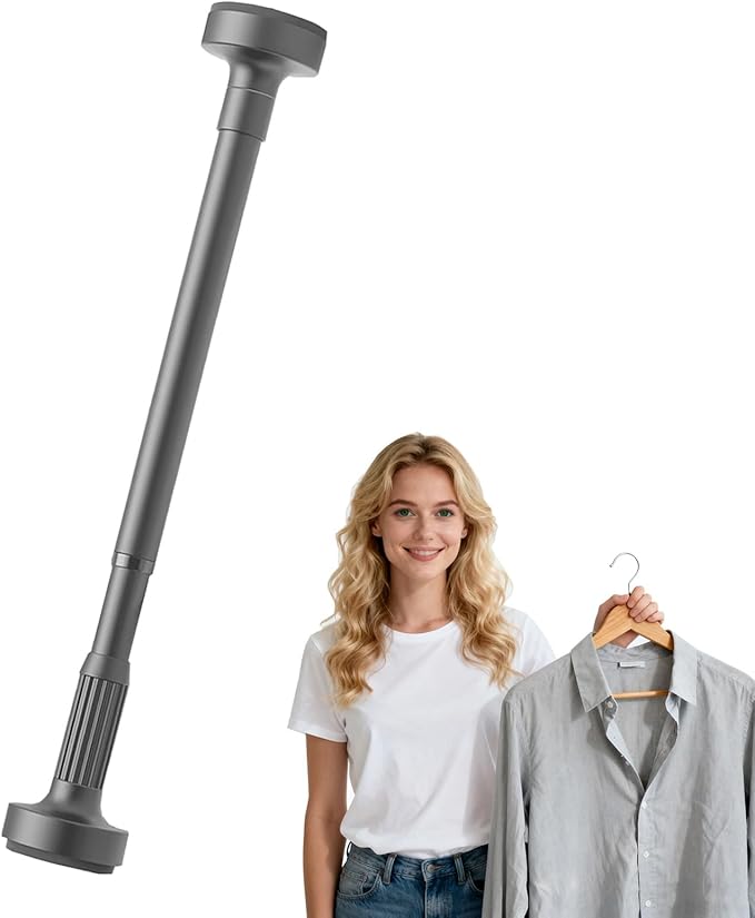 Adjustable Telescopic Closet Rod, No Drill Pressure Mount Hanging Bar, Space-Saving Extendable Rail for Clothes Storage (Gray