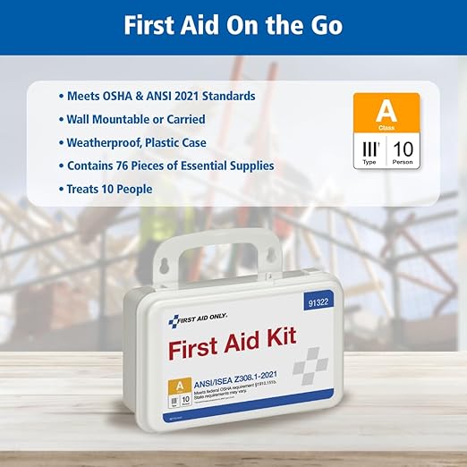First Aid Only 91322 ANSI A 2021 and OSHA Compliant First Aid Kit, 10-Person Emergency First Aid Kit for Business, Home, Car,