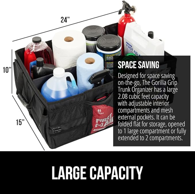 GORILLA GRIP Large Capacity Sturdy Trunk Storage Organizer, Slip and Water Resistant Collapsible Organization Container for