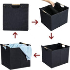 HOONEX Large Collapsible Storage Bins, Linen Fabric, 2 Pack, Storage Baskets with Wooden Carry Handles and Sturdy Heavy Cardb