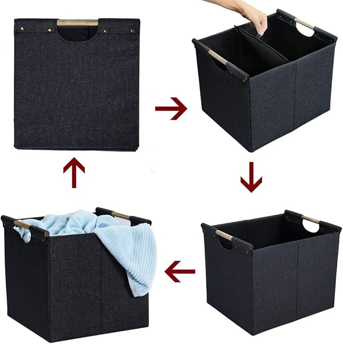 HOONEX Large Collapsible Storage Bins, Linen Fabric, 2 Pack, Storage Baskets with Wooden Carry Handles and Sturdy Heavy Cardb