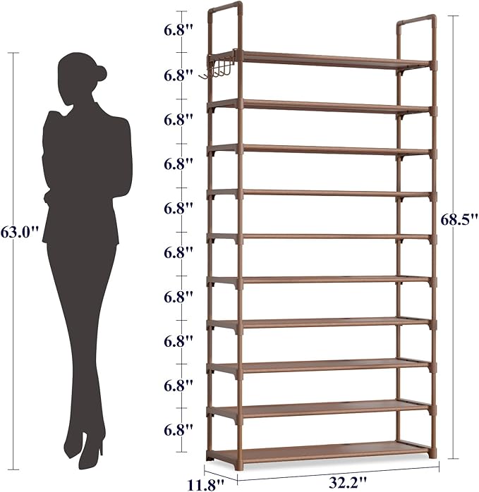 Kitsure Shoe Rack for Closet - 10-Tier Shoe Organizer with Hook Rack, Large-Capacity & Space-Saving Shoe Shelf for Entryway, 