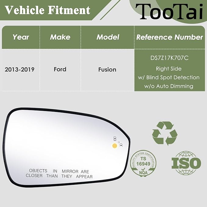 Passenger Side Replacement Mirror Glass - compatible with Ford vehicles - Fusion 2013-2019 - heated with Blind Spot Detect, w/o Auto Dimming
