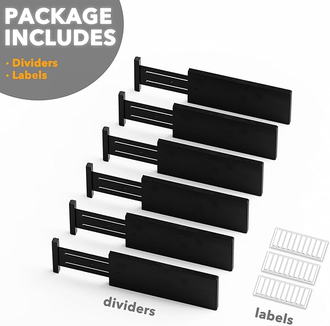 SpaceAid Bamboo Dresser Drawer Dividers 6 Pack, 4.65“ High Adjustable 12.5“-17” Drawer Organizers, Expandable Organization fo