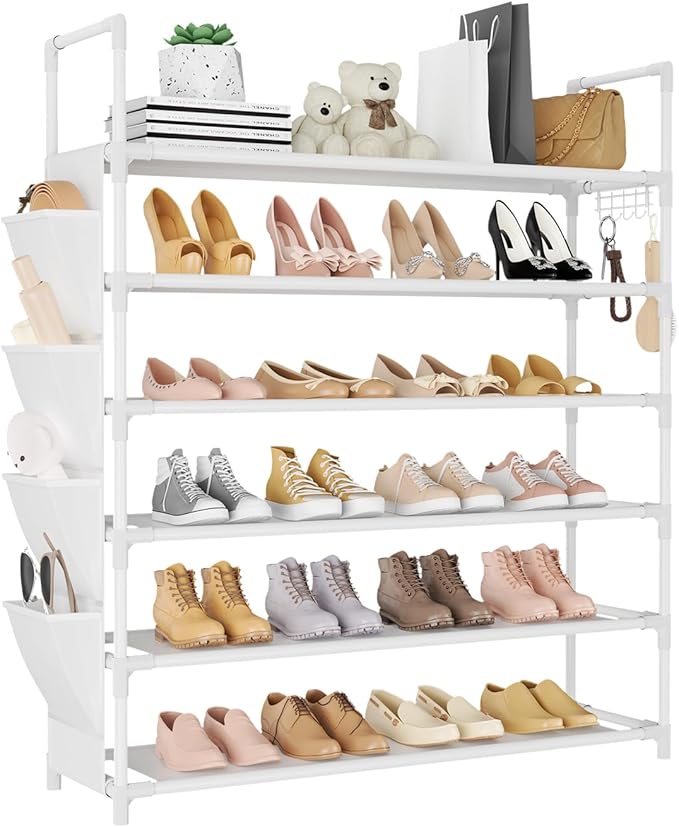 LANTEFUL 6 Tier Shoe Rack Storage for 24-30 Pairs Shoe and Boot, Shoe Organizer with Hook and Side Pocket Free Standing Long 