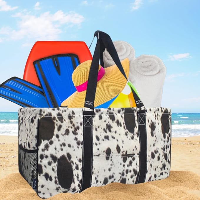 NGIL Extra Large Utility Tote Reusable Grocery Bag Oversized Collapsible for Groceries, Storage, Picnic, Beach (Cow Charm-Black)