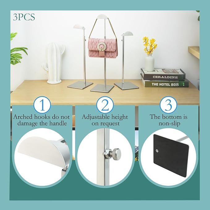Purse Display Stand 3PCS Handbag Stands Metal Bag Organizer Stainless Steel Hanging Hook Stands Adjustable Height Home Store 