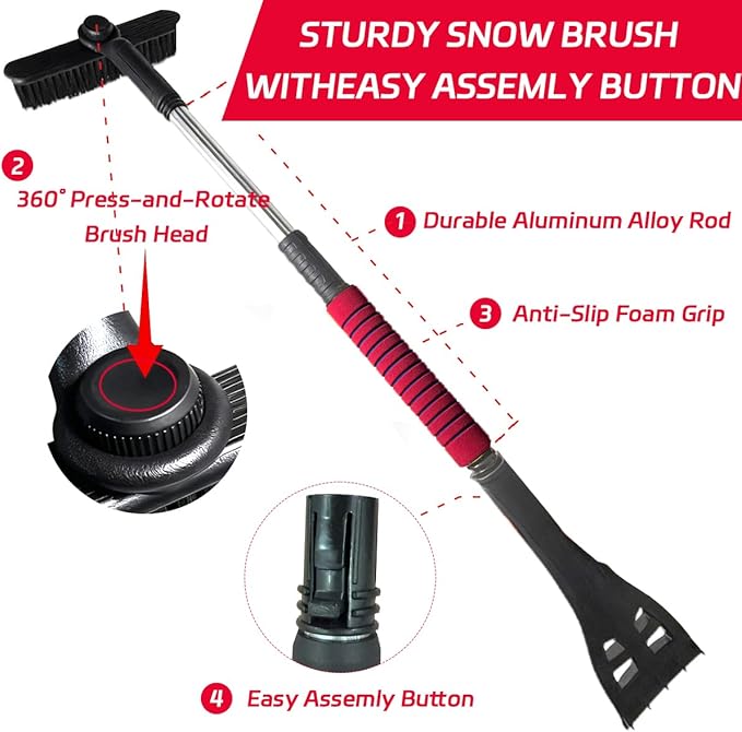 Ice Scraper and Snow Brush for Car, Lightweight 7" Brush Head & 33.5" Extendable Handle for Quick Windshield and Window Cleaning on SUV, Truck, Auto (Blue)