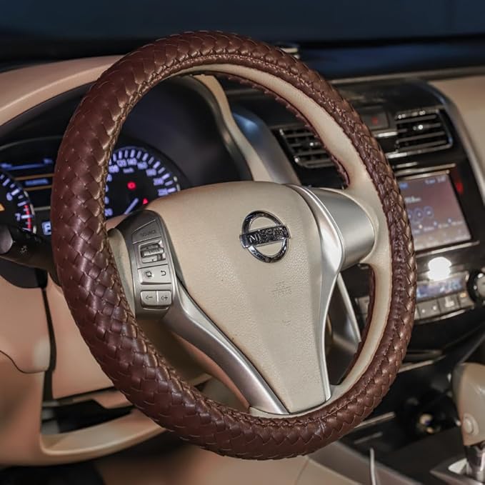 Carwales Elegant Men Steering Wheel Cover Leather for Car Hand-Made Wheel Wrap Hand Woven Universal 14.5-15 Inch Brown