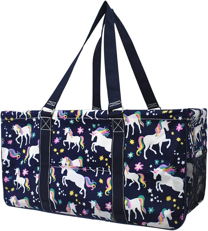 NGIL Extra Large Utility Tote Reusable Grocery Bag Oversized Collapsible for Groceries, Storage, Picnic, Beach (Unicorn Print-navy)