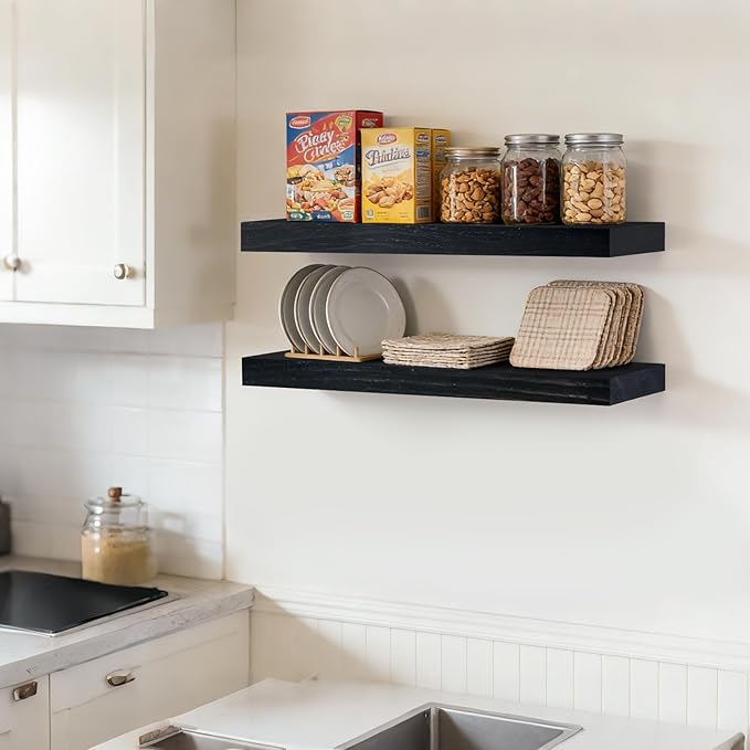 Floating Wall Shelves 24x6.8x1.7 Inch – Solid Wood Rustic Shelves in Black Finish – Wall Mounted Display Shelf for Bathroom, 