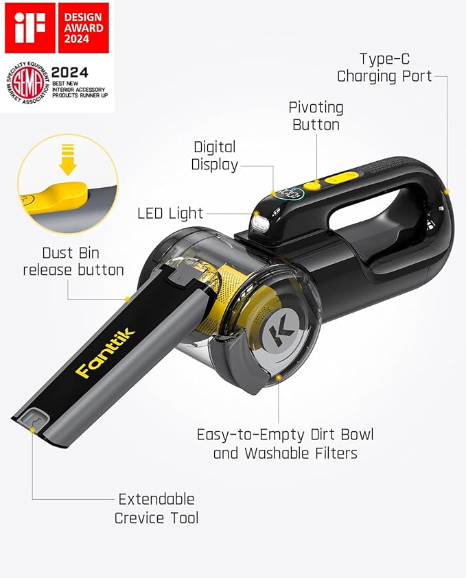 Fanttik Fold V10 APEX Pivot Cordless Car Vacuum, 17000Pa Handheld Vacuum Suction Power, Smart LED Display, Portable for Car H