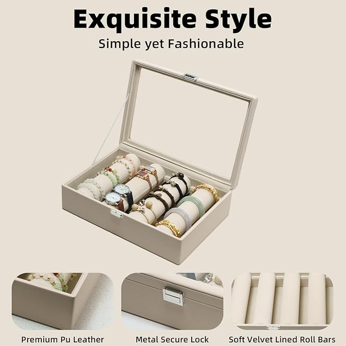Bracelets Organizer Rods Bangles Display Holder, Clear See through Lid Leather Velvet Jewelry Storage Box Case for Women, 4 R