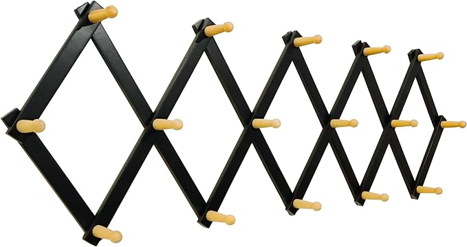 SKOLOO Accordion Wall Hanger with 16 Hooks, Modern Expandable Coat Rack Hat Rack for Wall, Solid Wooden, Natural on Black