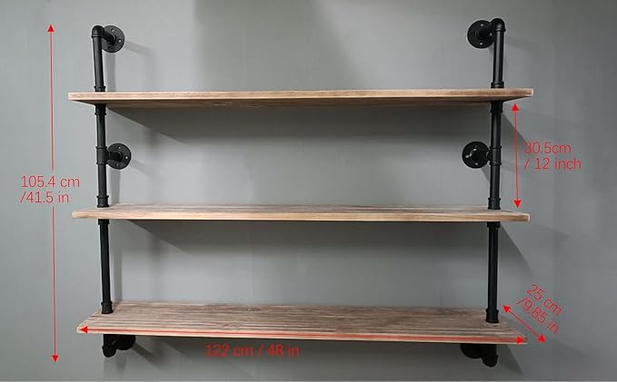 Floating Shelves,Wall Mounted Rustic Wood Shelf,Pipe Shelves,Industrial Pipe Shelving with Real Wood Planks 48 inch Industria