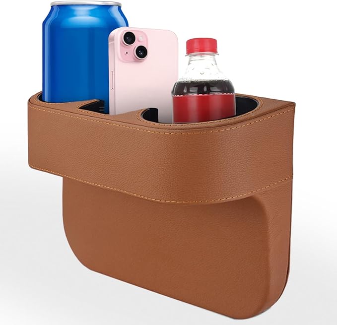Car Cup Holder, Auto Front Seat Organizer, Multifunctional Cup Drink Holders with PU Leather Cover, Gap Filler Storage Box Coin Bucket Console Side Pocket Cell Mobile Phone Holder (Brown)