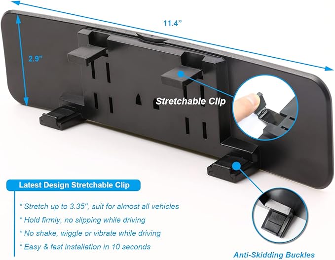 Universal 11.4 Inch Clip On Rearview Mirror - Anti Glare, Wide Angle - Convex - Blue Tint (Bonus 2 PCS Blind Spot Mirrors)