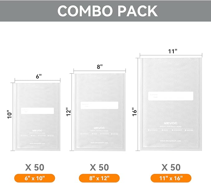 Wevac Vacuum Sealer Bags, 150 Gallon 11" x 16", and Quart 8" x 12" and Pint 6" x 10", 5 Liquid Block Bags & 5 Bone Guard Piec