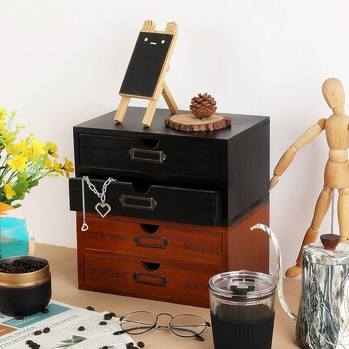 Wooden Storage Box Rustic Desktop Organizer with 2 Drawers Office Desk Accessories Shelf Small Craft Storage Containers Apoth